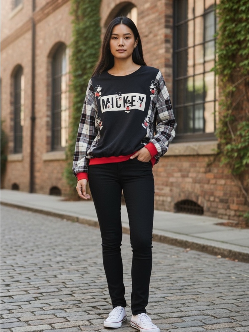 Upcycled Mickey Graphic Plaid Sleeve Pullover - Black & Red